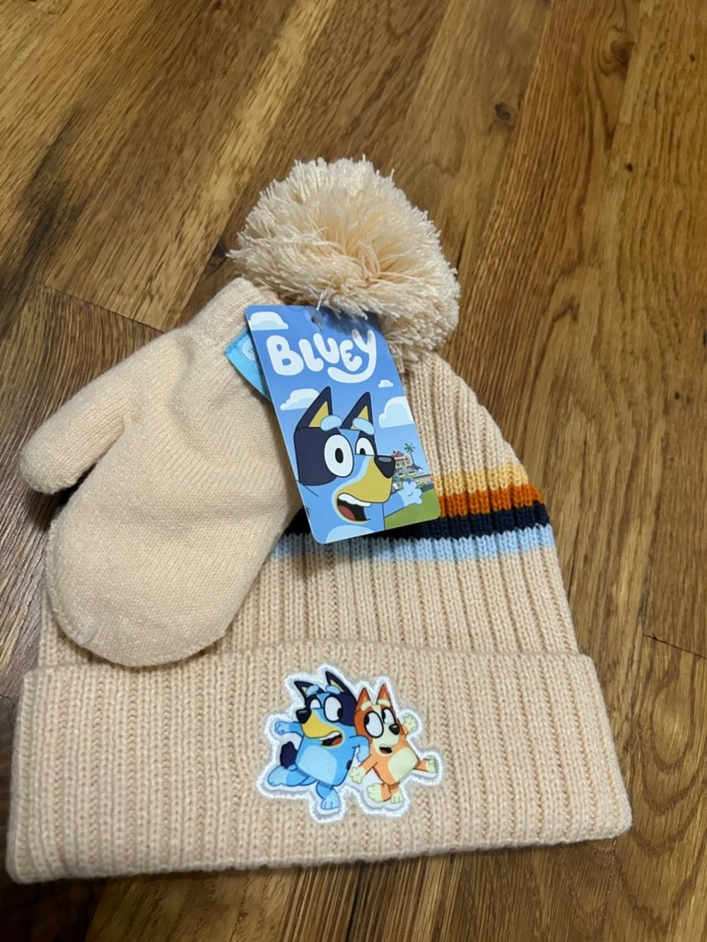 Cream Pom Beanie and Mittens Set for Kids